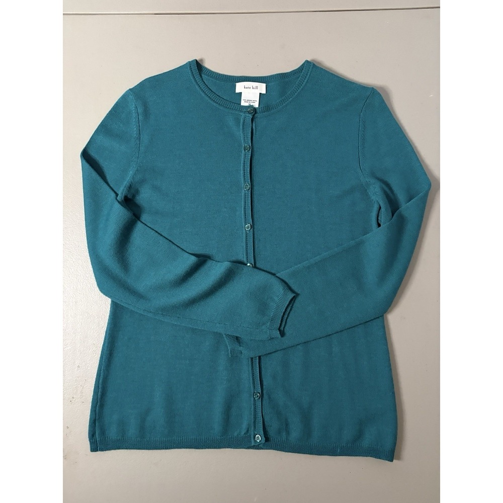 Kate Hill 100% Merino Wool Cardigan Sweater size M Teal Green Classic